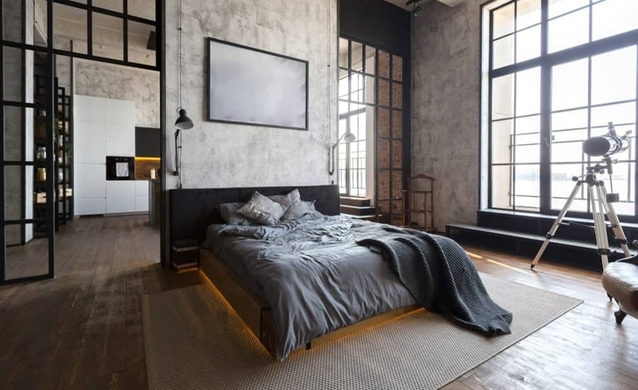 استفاده از لوازم چوبی ساده و رنگ های طوسی و خاکستری مبنای فضای صنعتی اتاق خواب 
