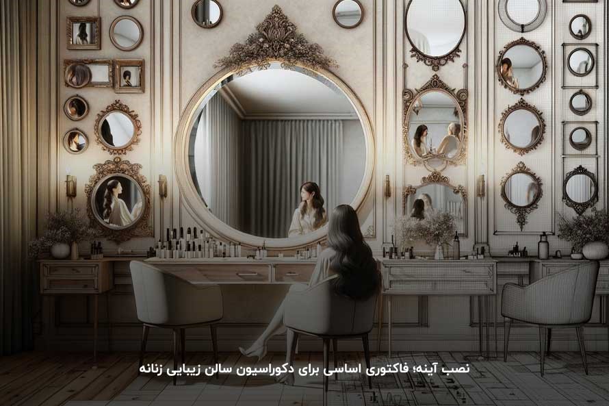 دکوراسیون داخلی سالن زیبایی زنانه با نصب آینه‌های کوچک و بزرگ