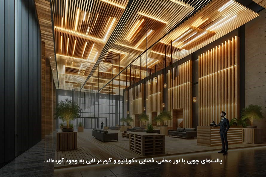 بهترین طراحی لابی هتل با نورپردازی و پانل&zwnj;های دکوراتیو عمودی