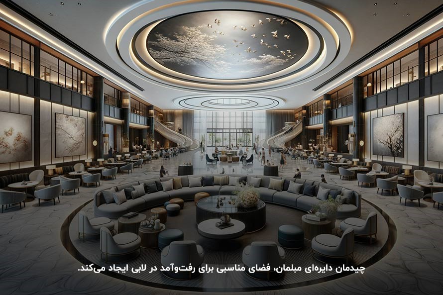 چیدمان دایره&zwnj;ای مبلمان در فضای لابی، کمک به ایجاد فضای رفت&zwnj;و&zwnj;آمد مناسب