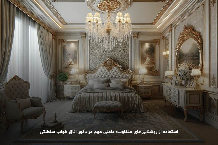 دیزاین اتاق با روشنایی‌های متفاوت؛ عاملی مهم در دکوراسیون اتاق خواب سلطنتی
