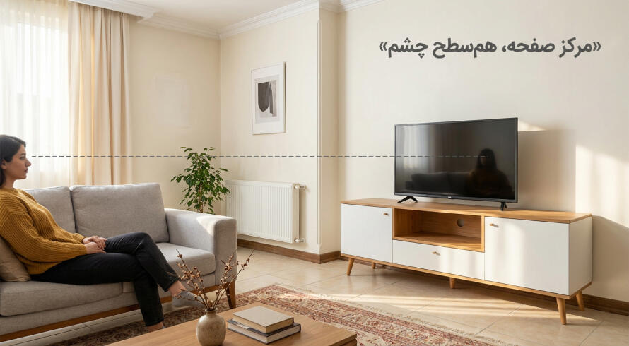 ارتفاع میز تلویزیون را با چشم و مبل تنظیم کن، نه با حدس